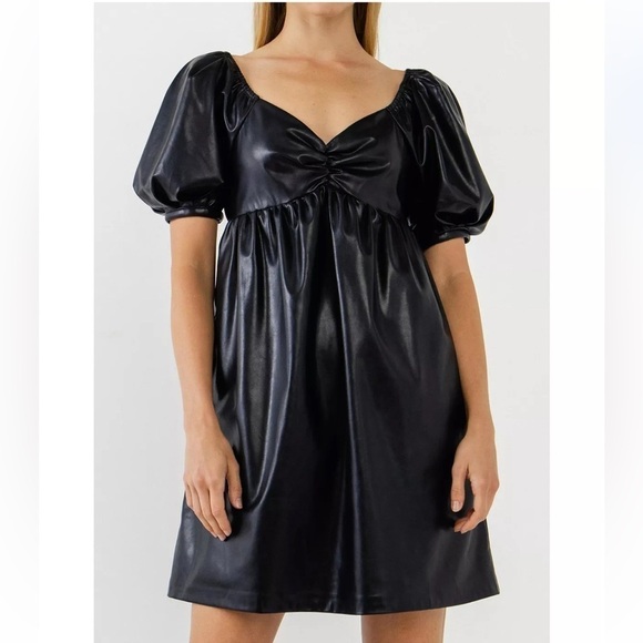 VEGAN LEATHER BABYDOLL MINI DRESS WITH POCKETS SIZE MEDIUM BLACK - Picture 2 of 11